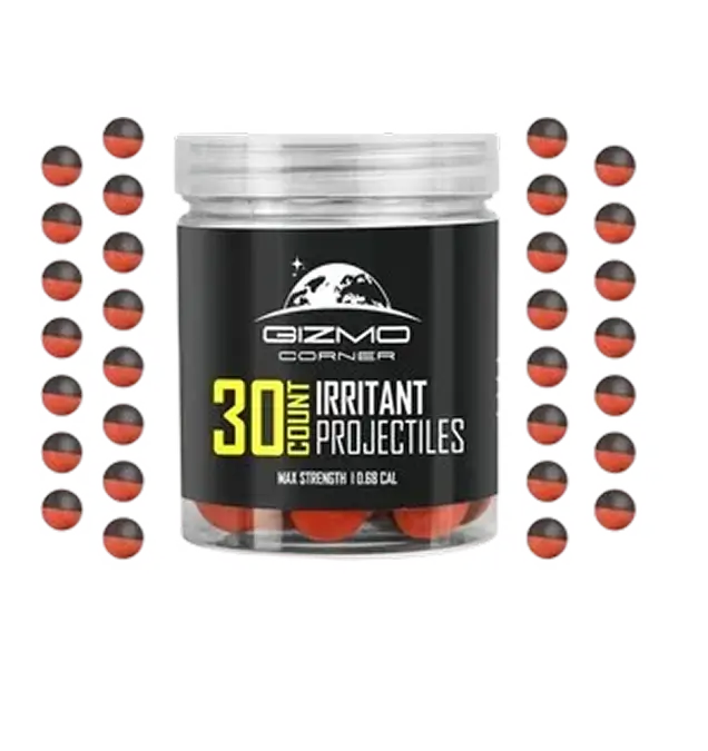 Gizmo Corner 30 count Max Strength .68 Cal irritant projectiles for personal defense.