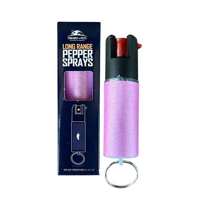 Gizmo Corner pink glitter long-range pepper spray keychain with protective packaging.