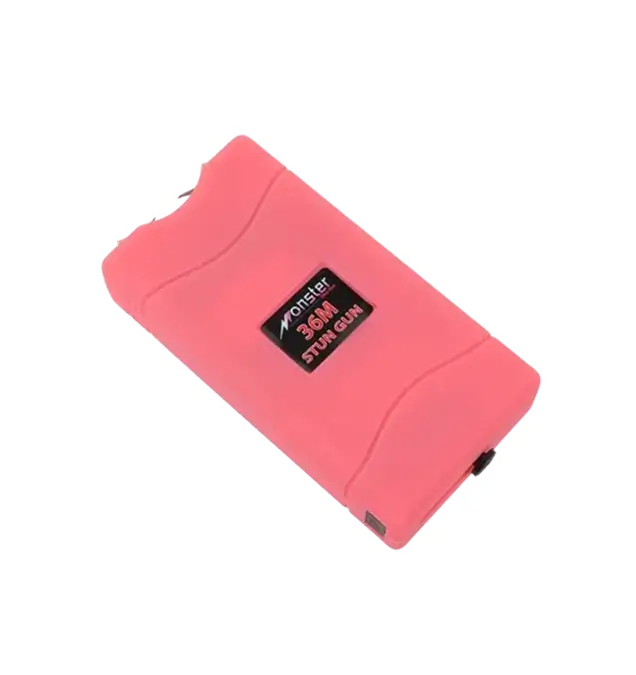 Monster 36M rechargeable pink stun gun with built-in flashlight and safety disable pin.